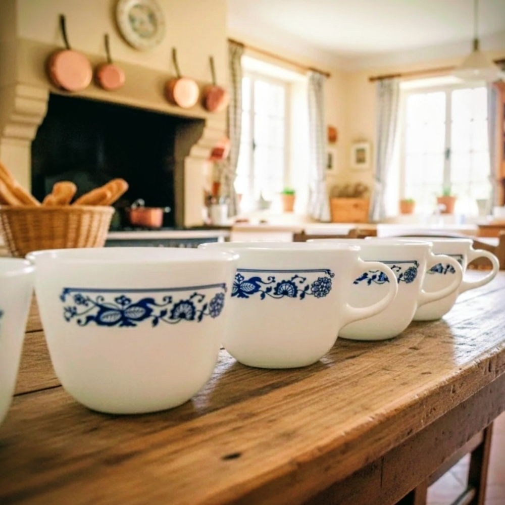 Vintage Pyrex Milk Glass Coffee Cups Set of 8 Blue Floral Garland Mugs USA
